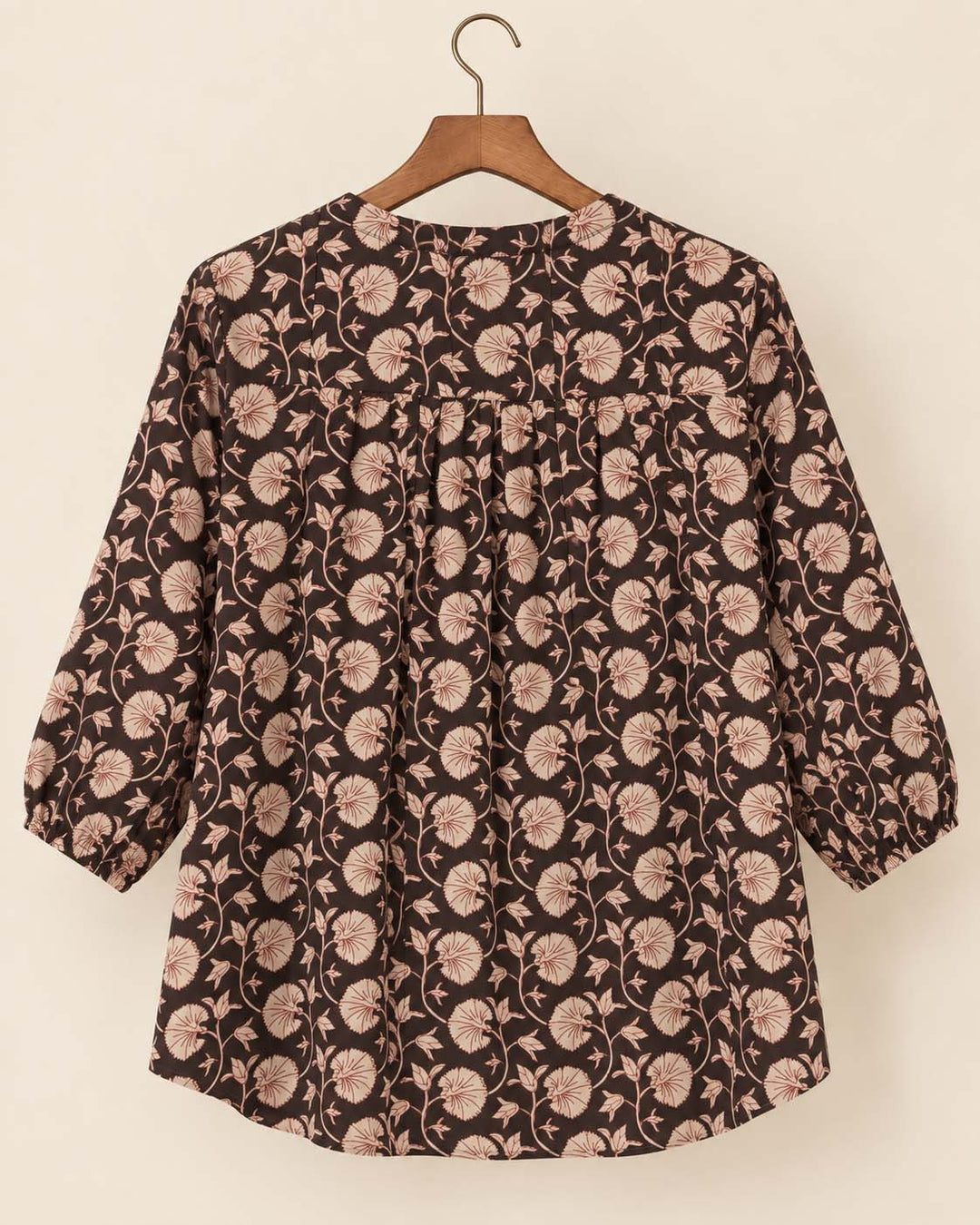 Dark Charcoal Grey And Beige Floral Short Kurta