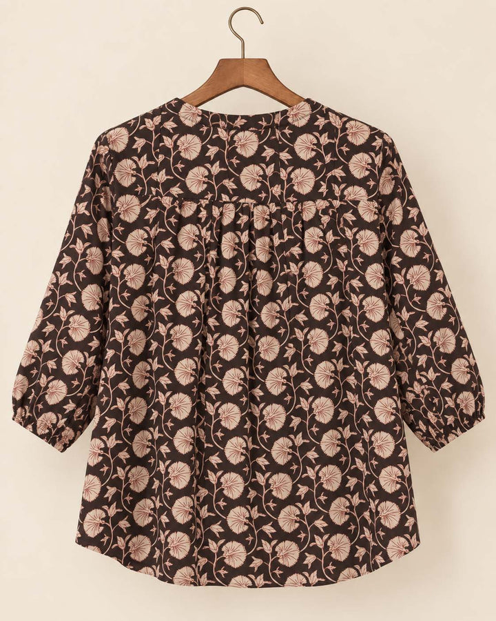 Dark Charcoal Grey And Beige Floral Short Kurta