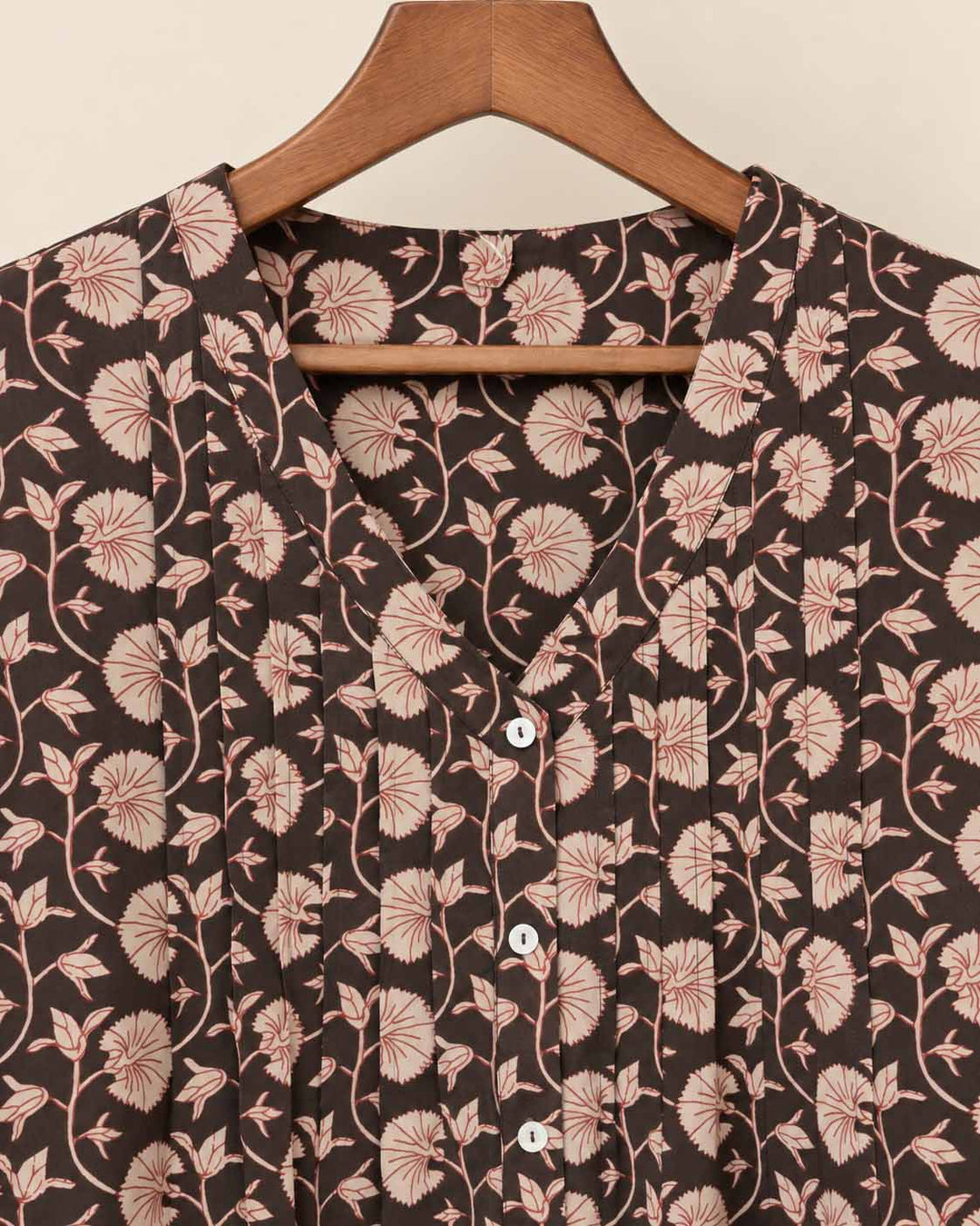 Dark Charcoal Grey And Beige Floral Short Kurta