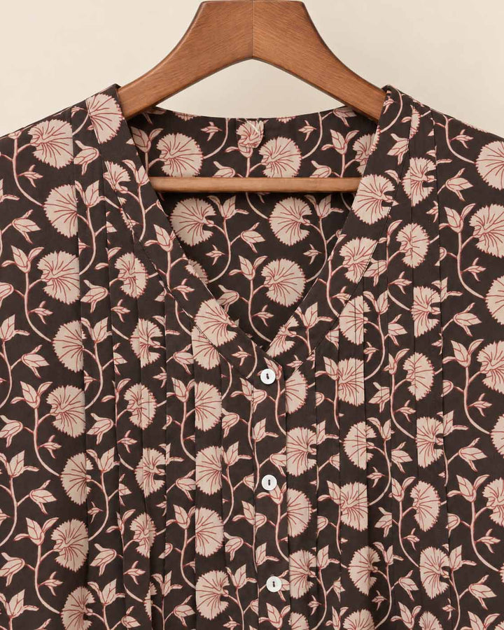 Dark Charcoal Grey And Beige Floral Short Kurta