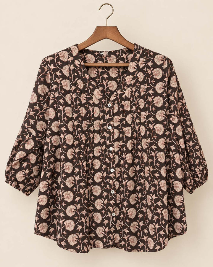 Dark Charcoal Grey And Beige Floral Short Kurta