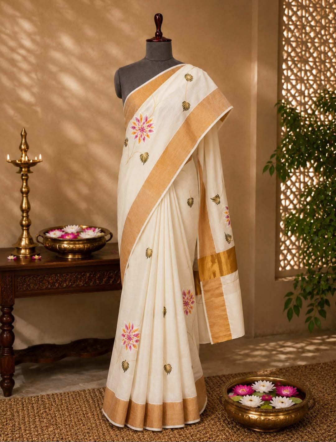 Hand-Painted Floral Kerala Kasavu Saree with Golden Border