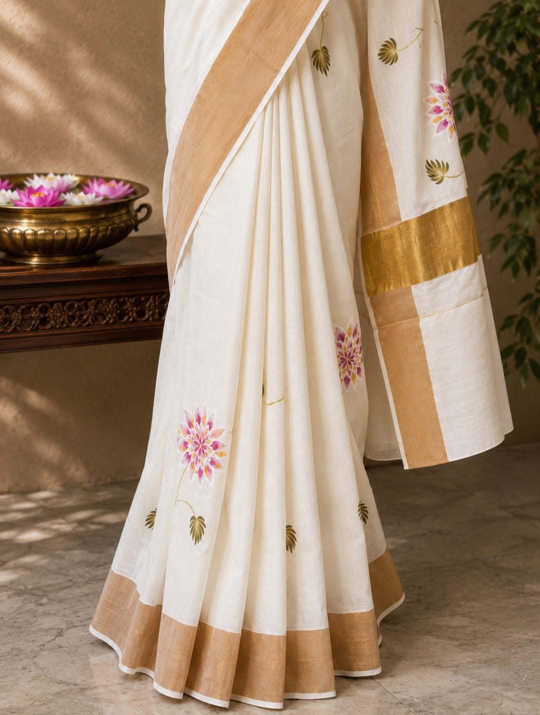 Hand-Painted Floral Kerala Kasavu Saree with Golden Border