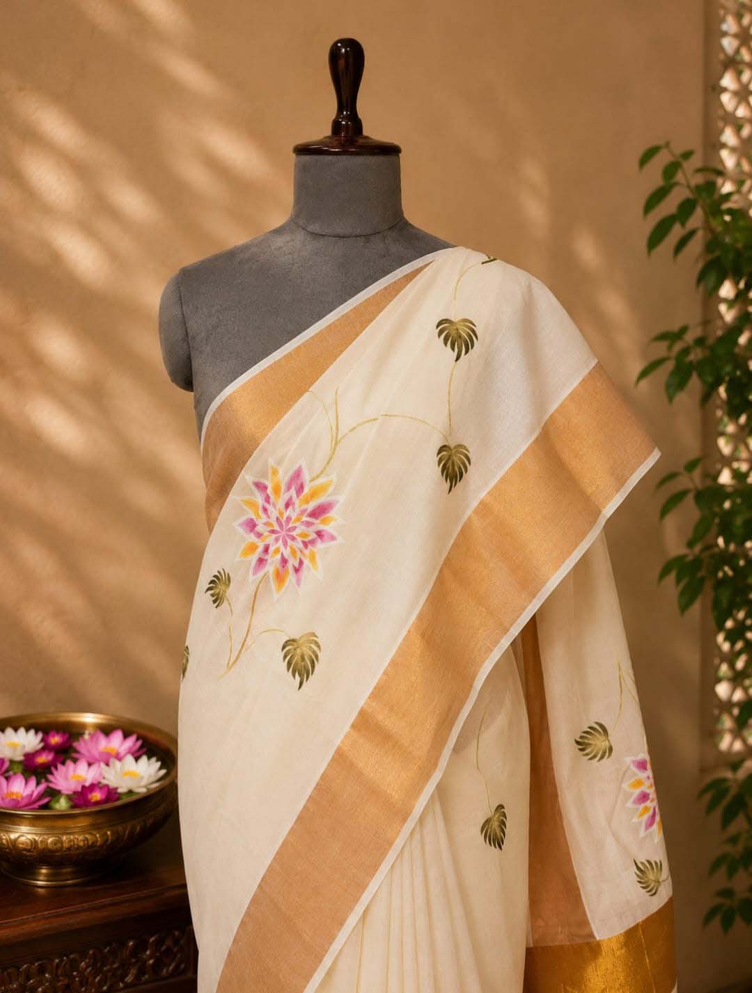 Hand-Painted Floral Kerala Kasavu Saree with Golden Border