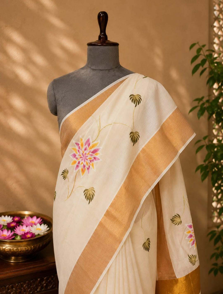 Hand-Painted Floral Kerala Kasavu Saree with Golden Border