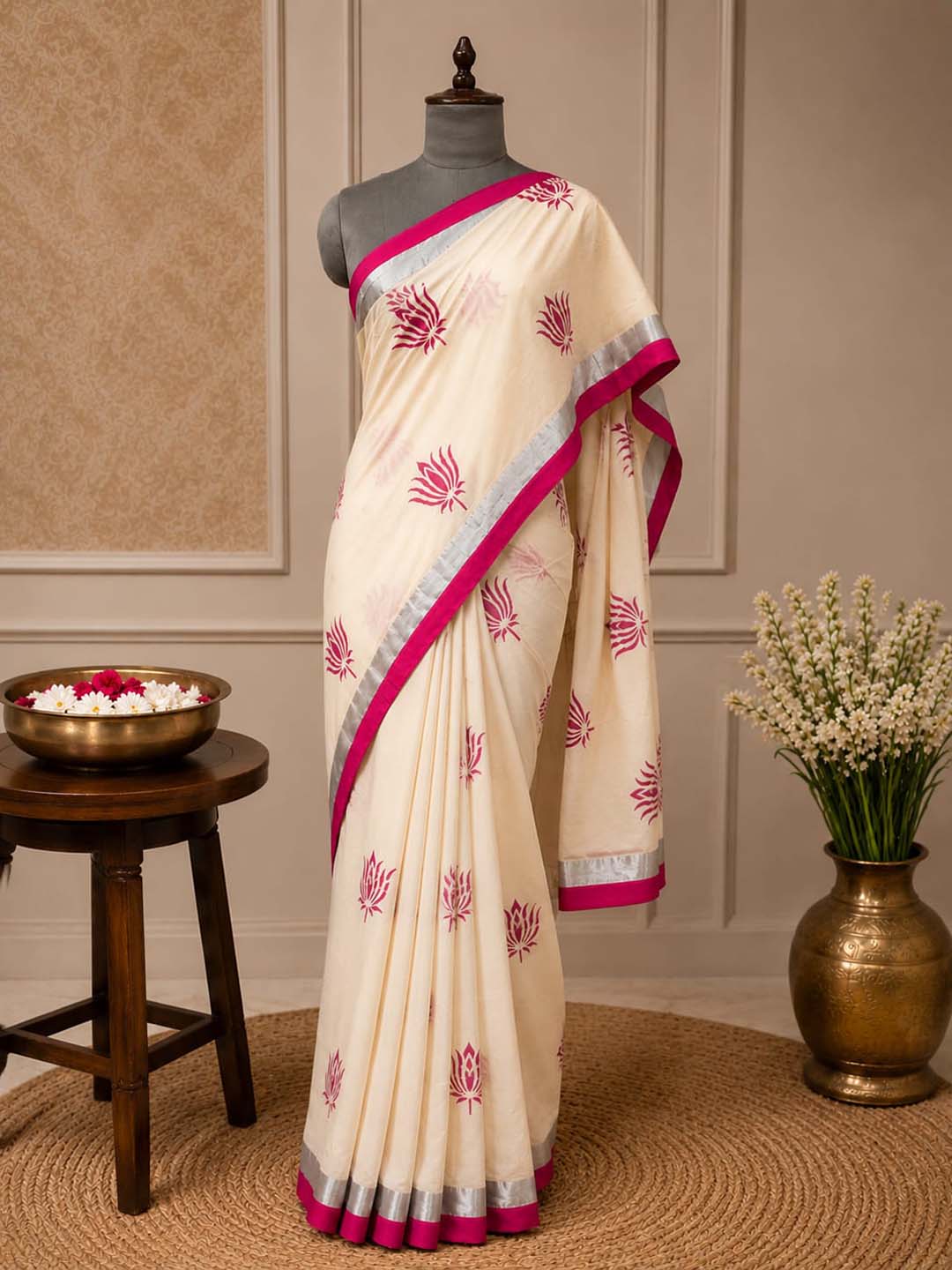 Lotus Print Kerala Cotton Saree with Silver and Pink Border