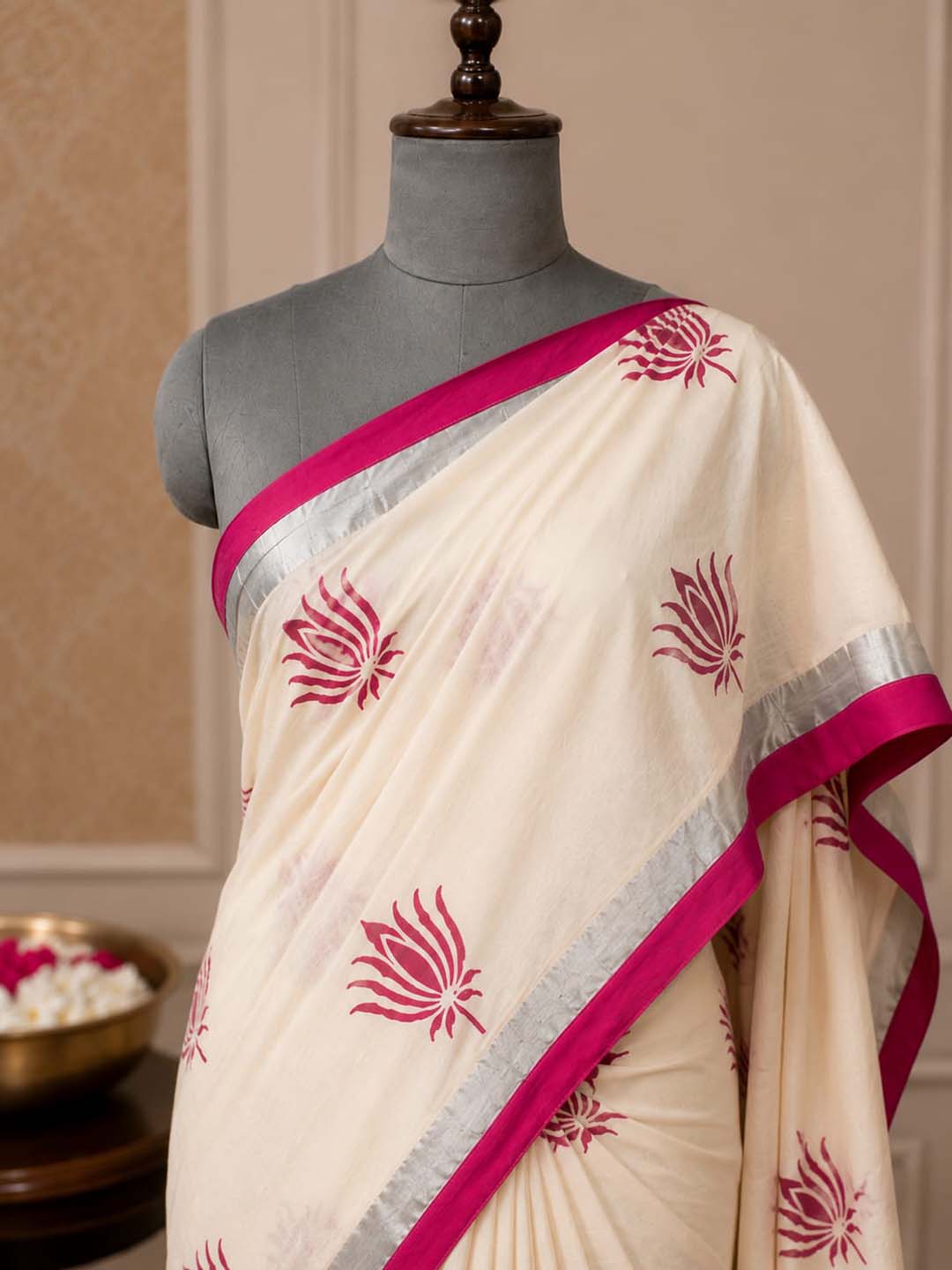 Lotus Print Kerala Cotton Saree with Silver and Pink Border
