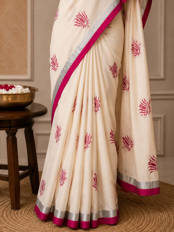 Lotus Print Kerala Cotton Saree with Silver and Pink Border