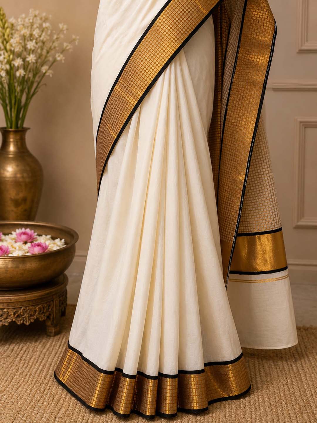 Kerala Kasavu Saree with Traditional Check Border