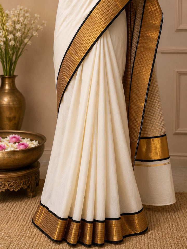 Kerala Kasavu Saree with Traditional Check Border