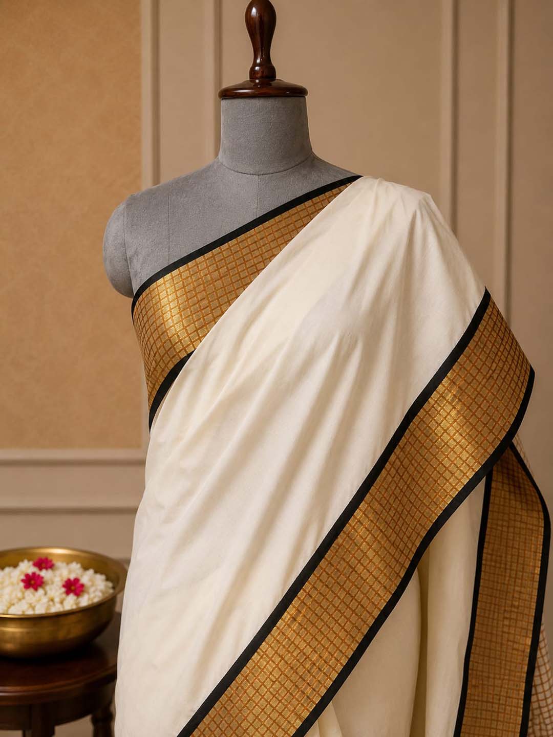 Kerala Kasavu Saree with Traditional Check Border