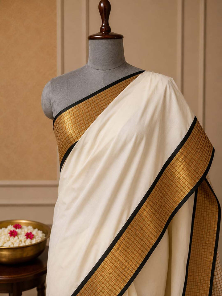 Kerala Kasavu Saree with Traditional Check Border
