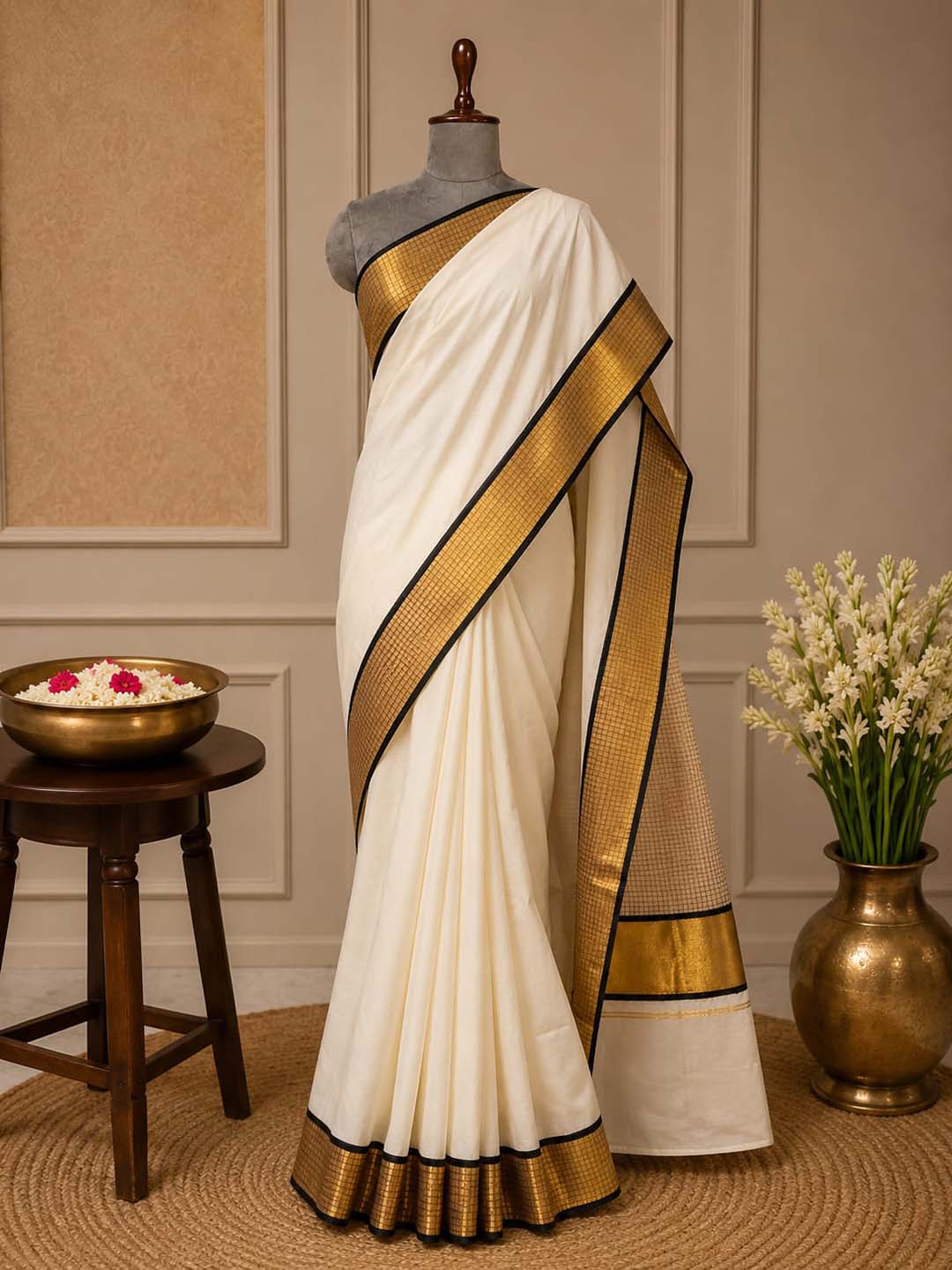 Kerala Kasavu Saree with Traditional Check Border
