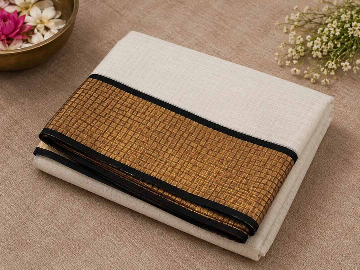 Kerala Kasavu Saree with Traditional Check Border