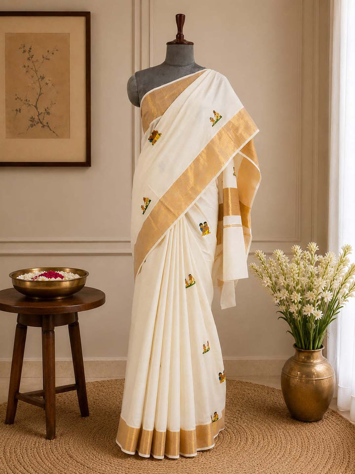 Kerala Kasavu  Saree with Digital Print And Golden Zari Border