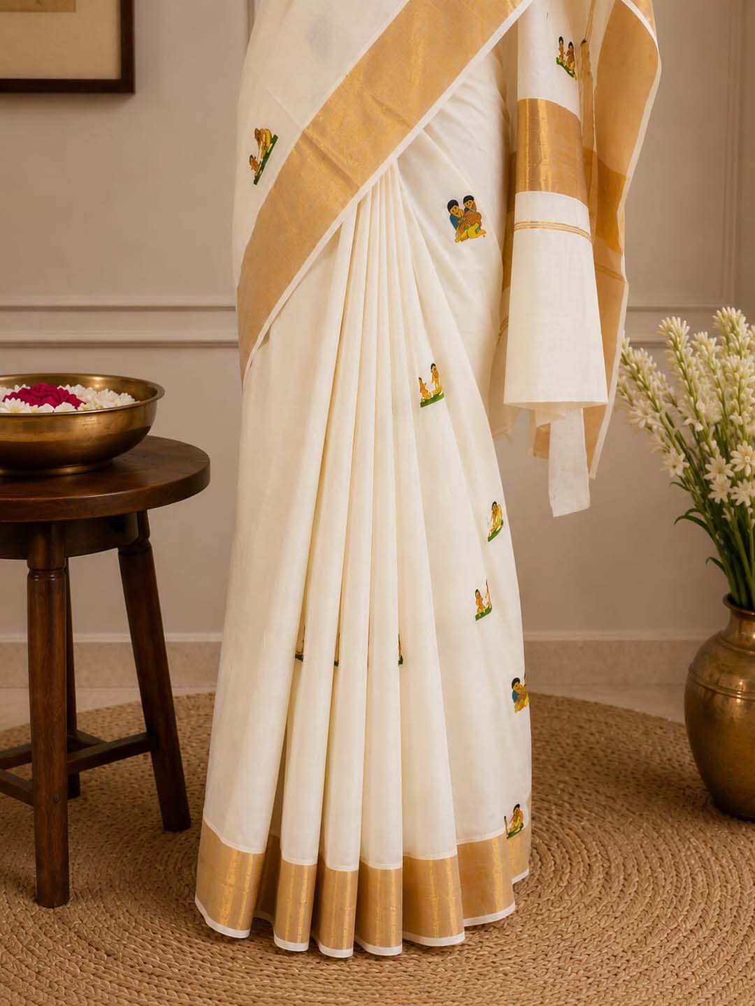 Kerala Kasavu  Saree with Digital Print And Golden Zari Border