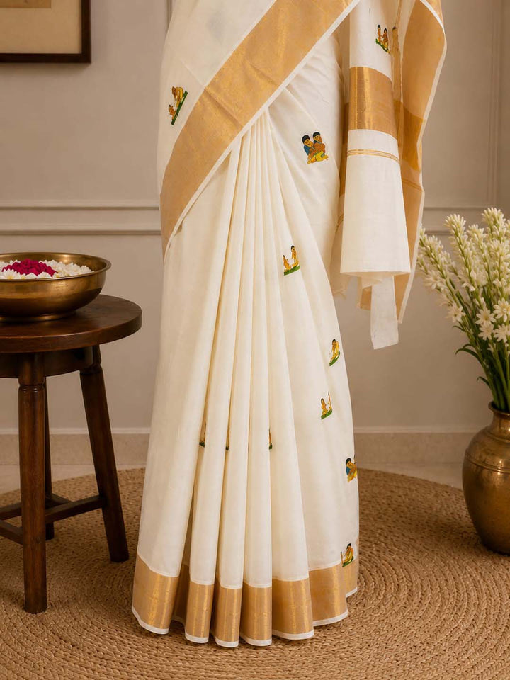 Kerala Kasavu  Saree with Digital Print And Golden Zari Border