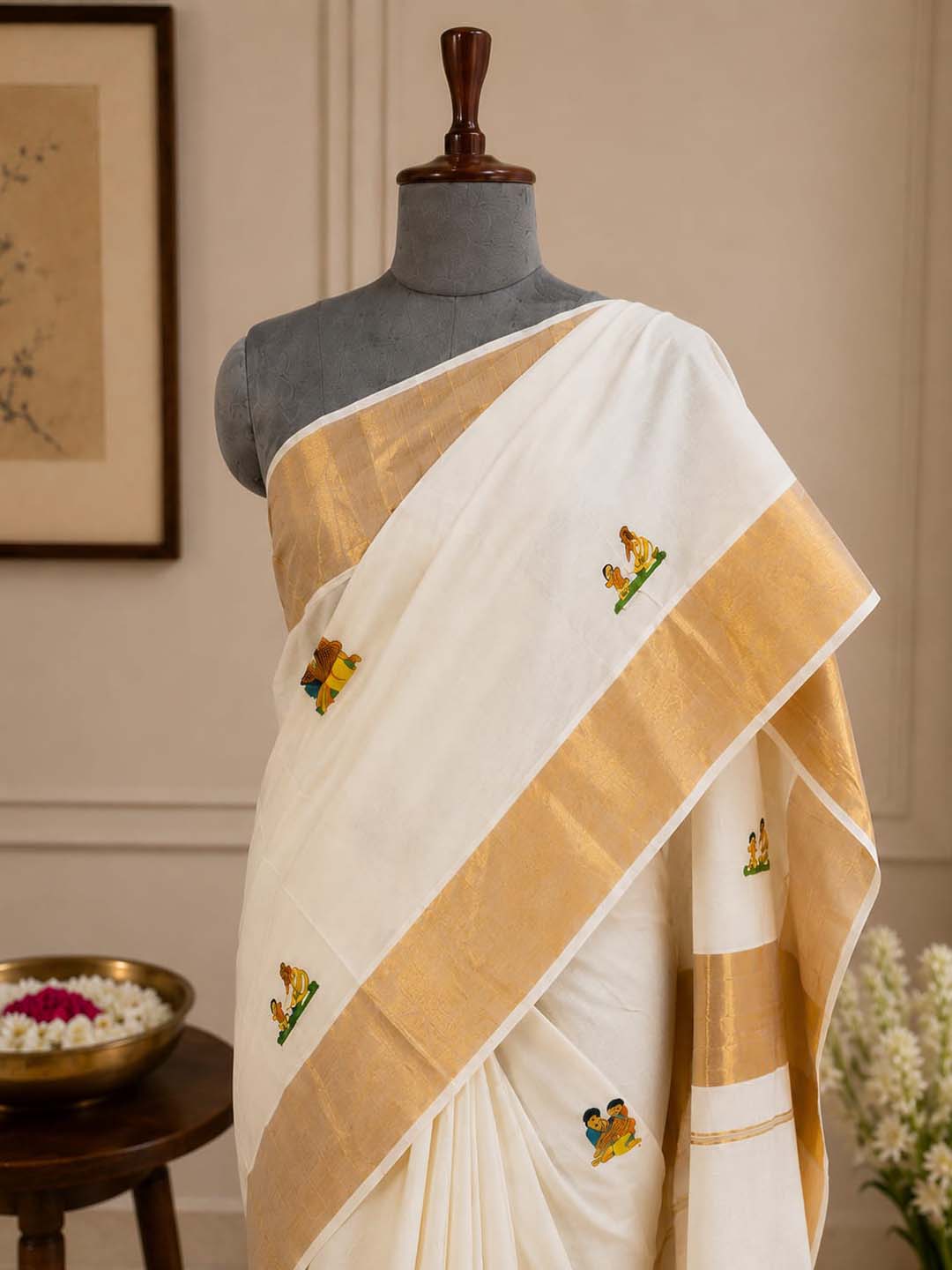 Kerala Kasavu  Saree with Digital Print And Golden Zari Border
