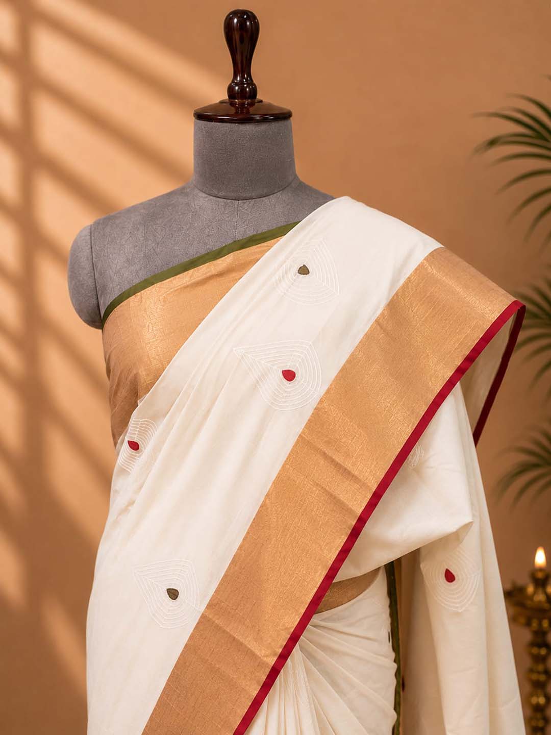 Kerala Kasavu Saree with  Red and Green Border