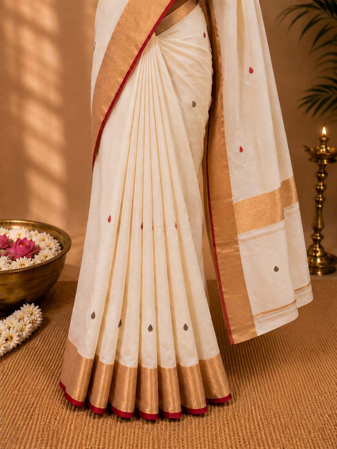 Kerala Kasavu Saree with  Red and Green Border