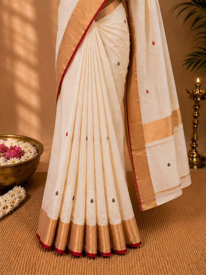 Kerala Kasavu Saree with  Red and Green Border