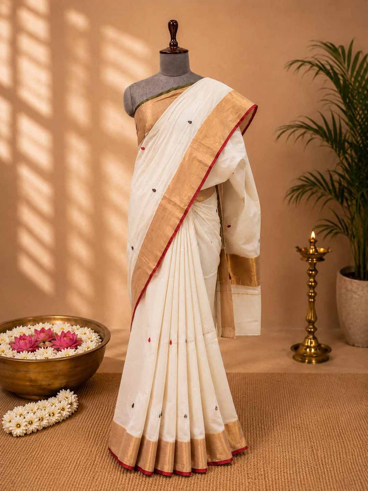 Kerala Kasavu Saree with  Red and Green Border