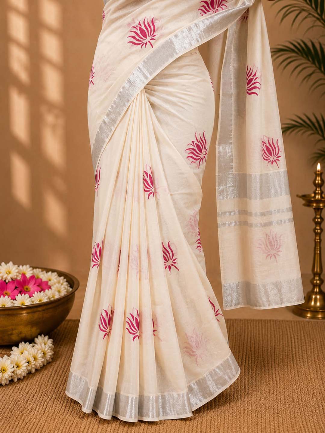 Lotus Print Kerala Cotton Saree with Silver Border