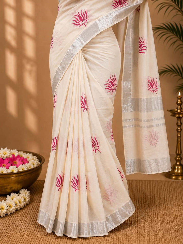 Lotus Print Kerala Cotton Saree with Silver Border