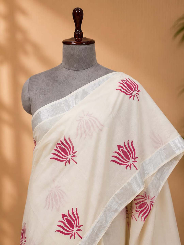 Lotus Print Kerala Cotton Saree with Silver Border