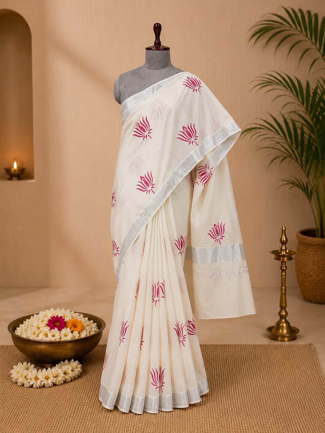 Lotus Print Kerala Cotton Saree with Silver Border