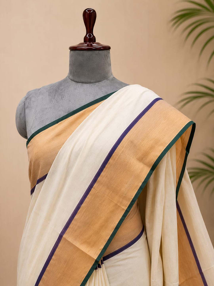 Kerala Kasavu Saree with Golden Zari Border
