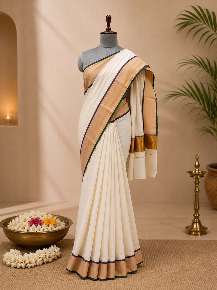 Kerala Kasavu Saree with Golden Zari Border