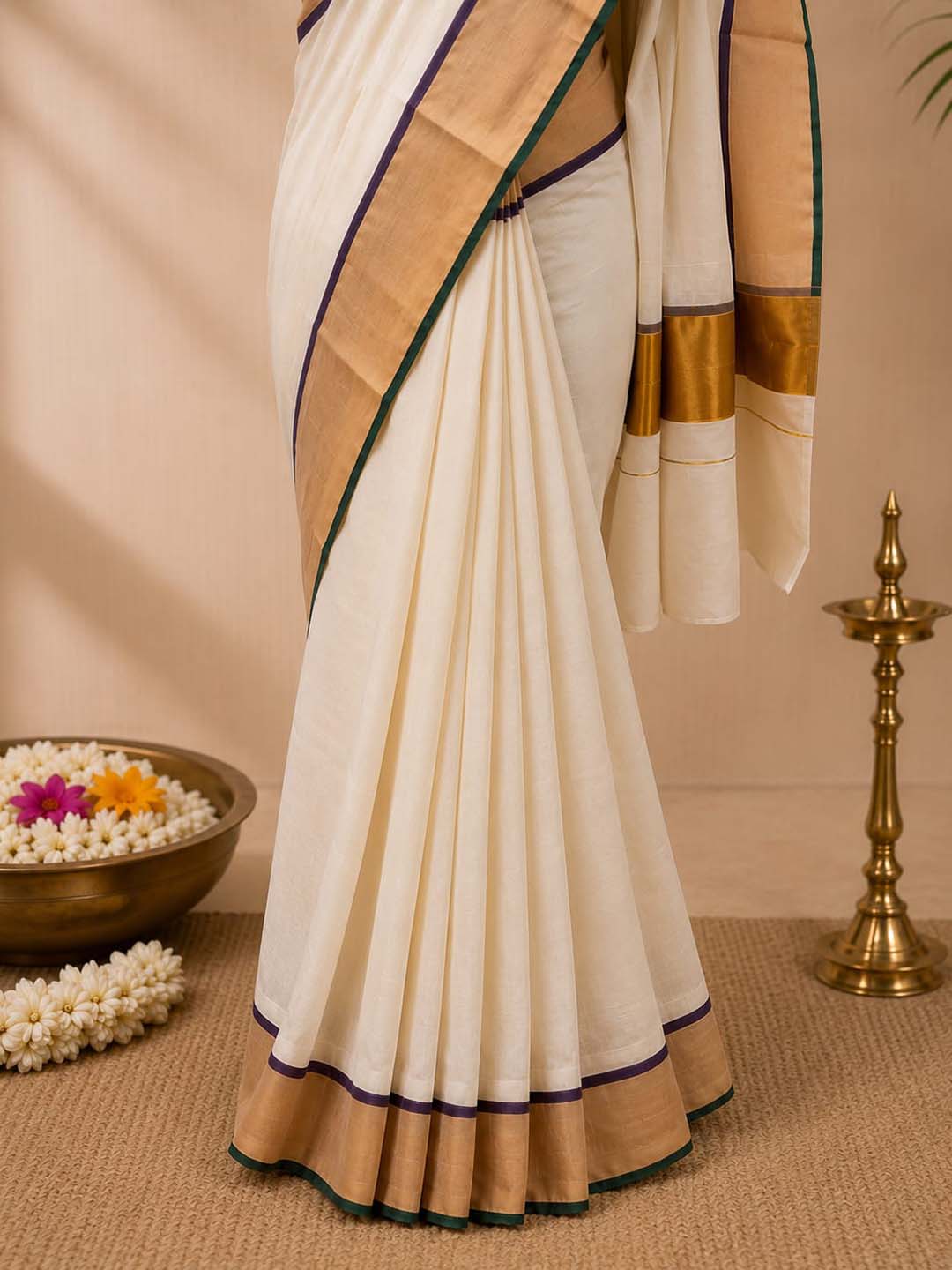 Kerala Kasavu Saree with Golden Zari Border