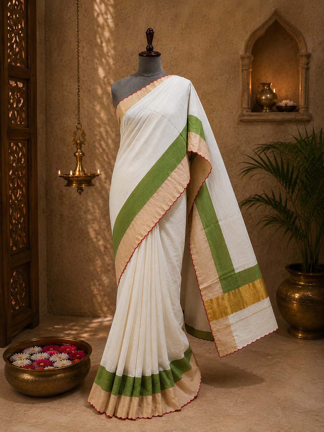 Kerala Kasavu Saree with Green & Golden Border