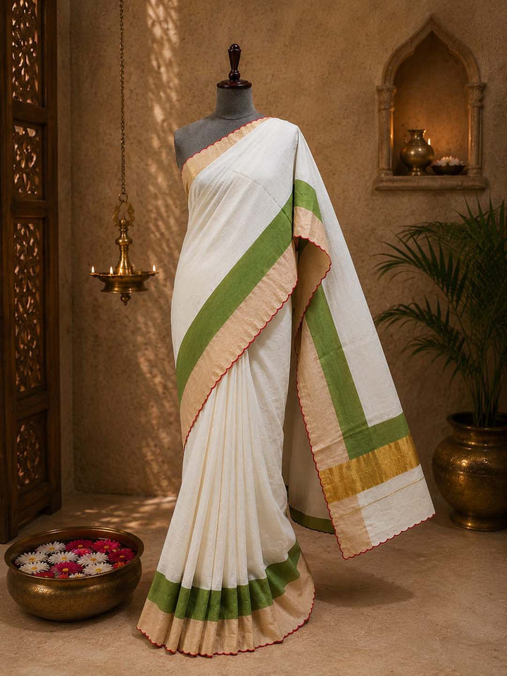 Kerala Kasavu Saree with Green & Golden Border