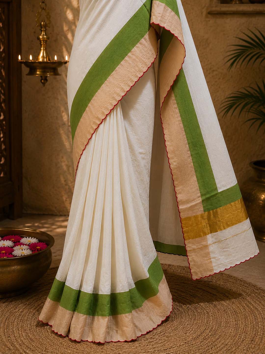 Kerala Kasavu Saree with Green & Golden Border