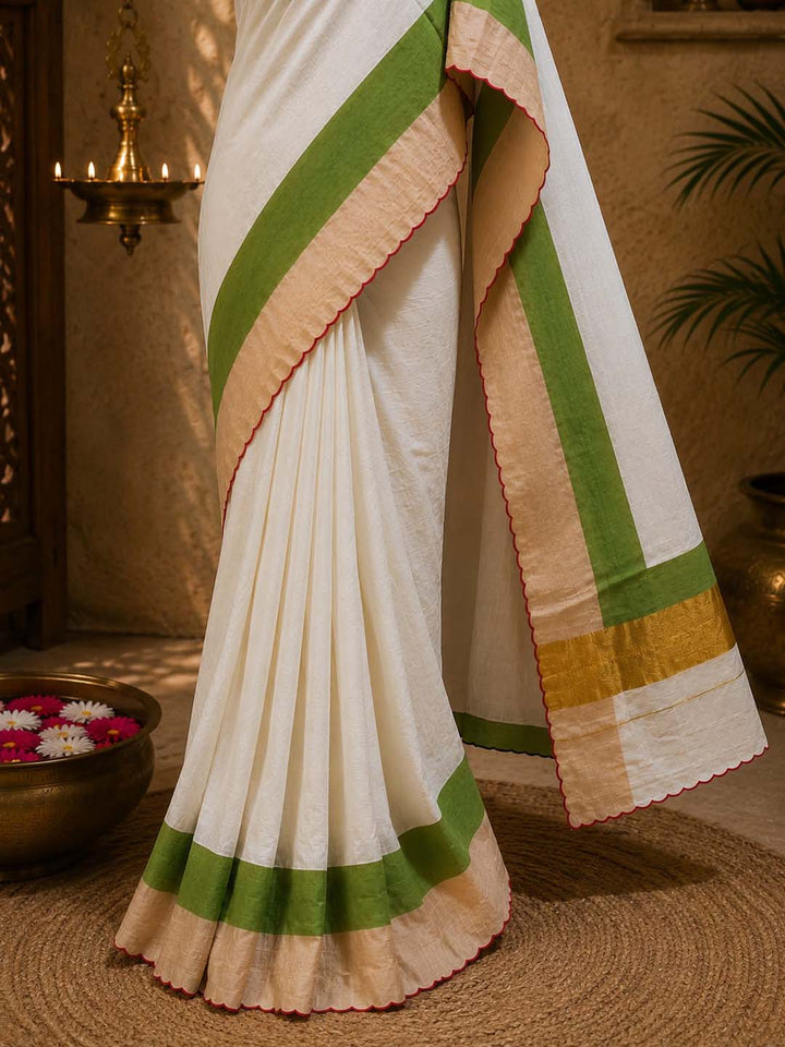 Kerala Kasavu Saree with Green & Golden Border