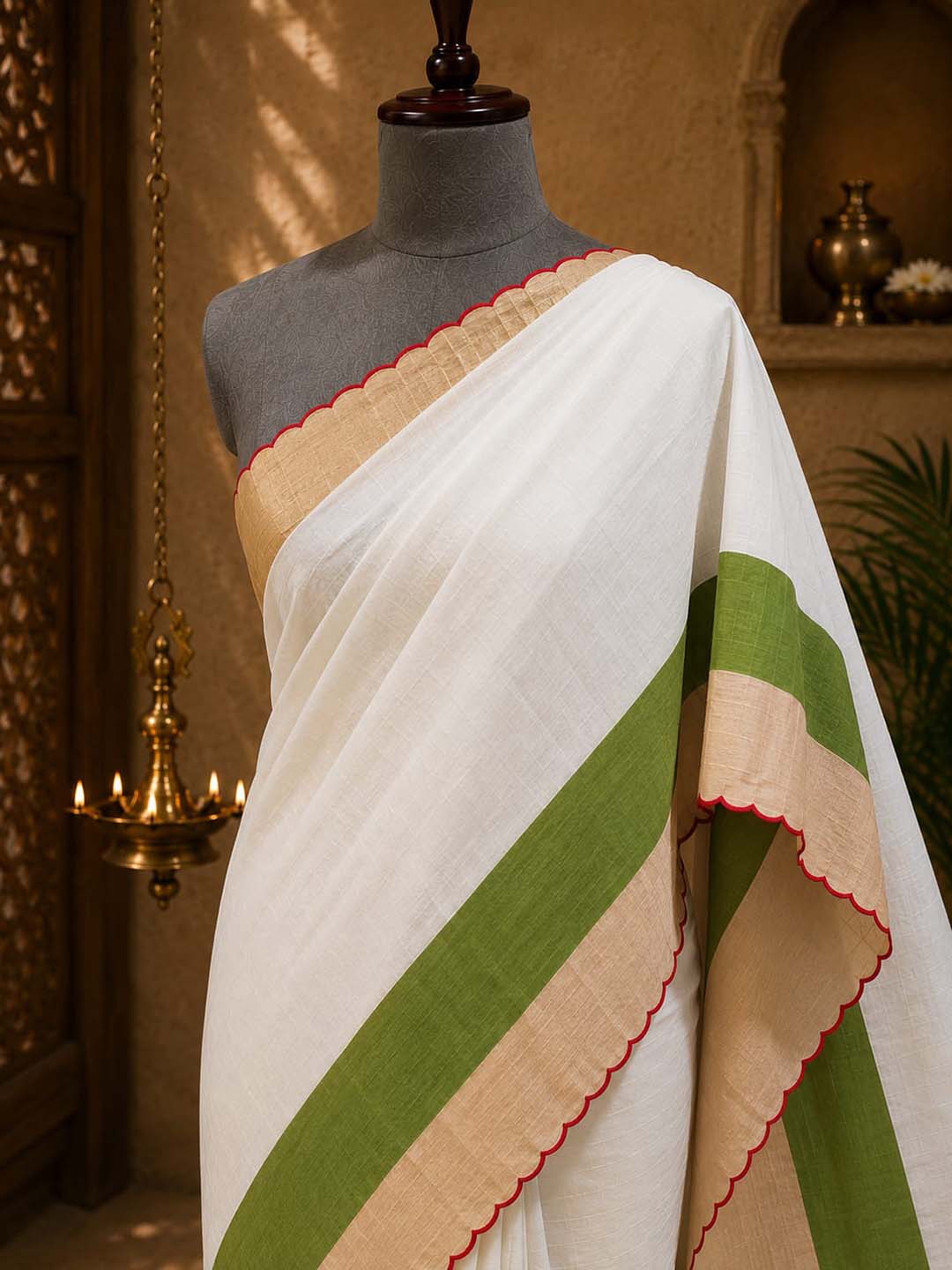 Kerala Kasavu Saree with Green & Golden Border