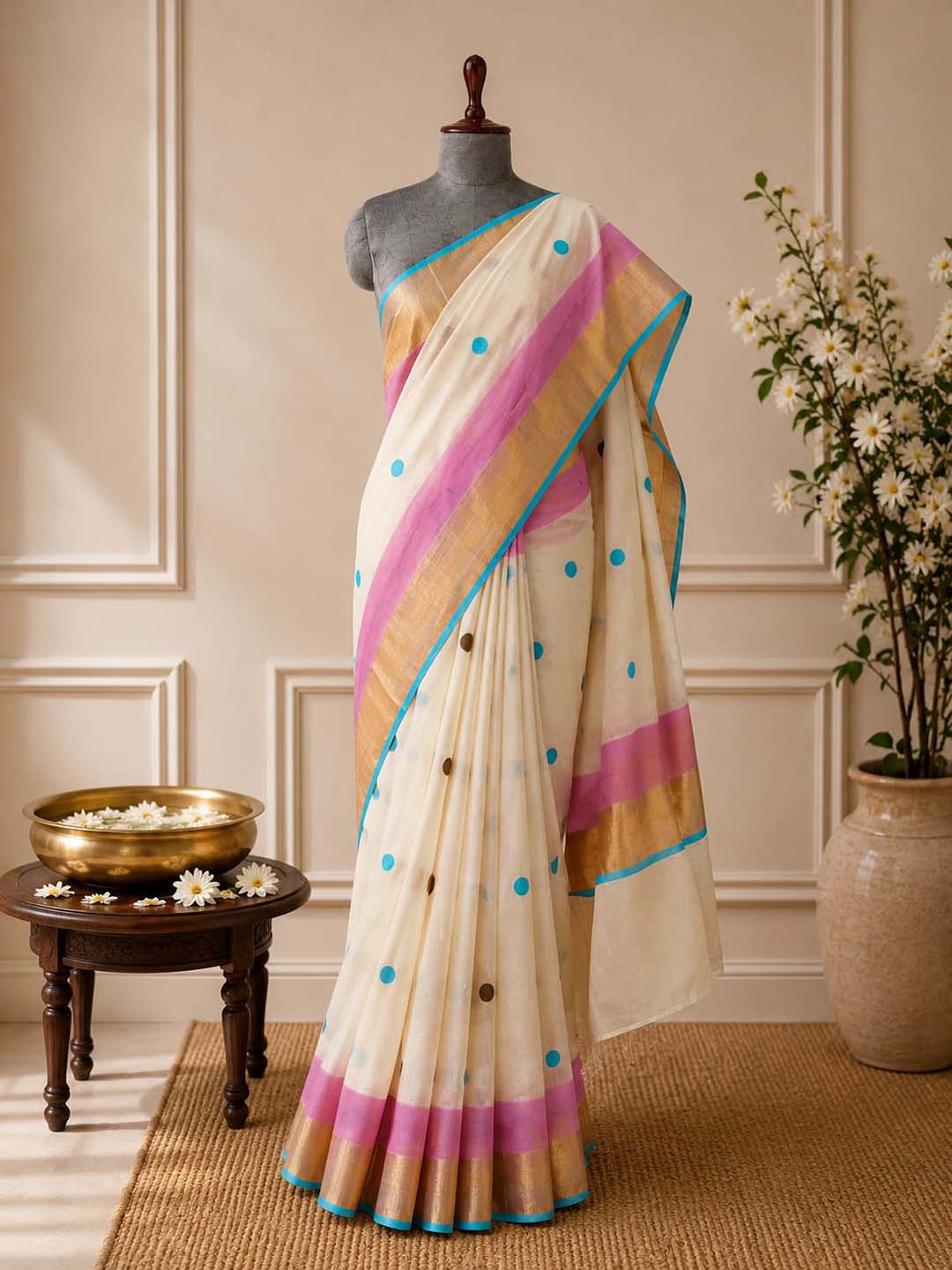 Polka Dot Kerala Cotton Saree with Pink & Blue Border