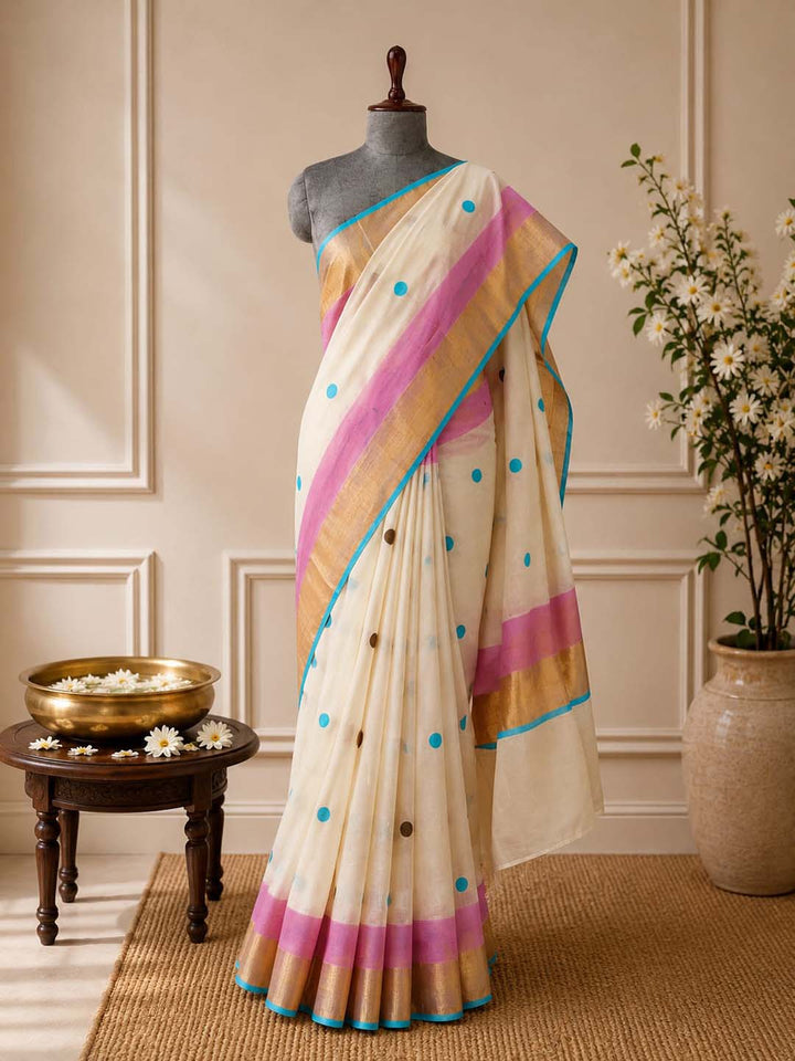 Polka Dot Kerala Cotton Saree with Pink & Blue Border