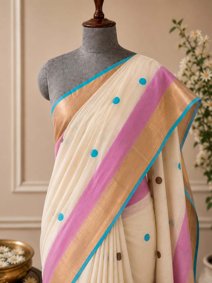 Polka Dot Kerala Cotton Saree with Pink & Blue Border