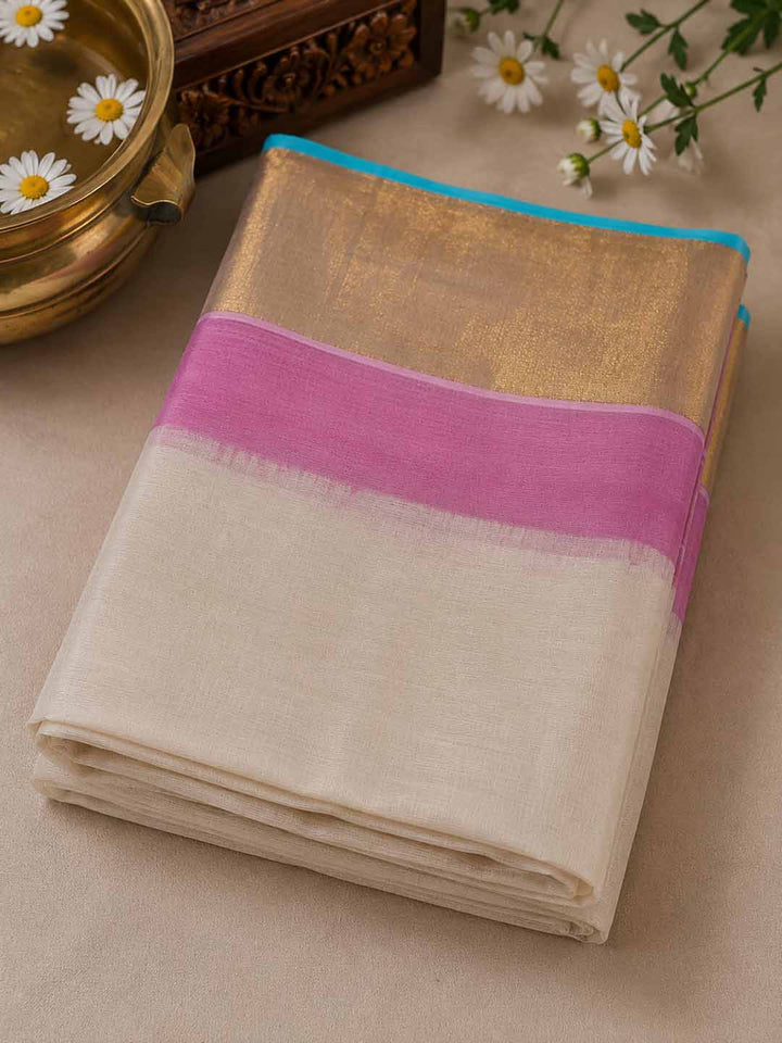 Polka Dot Kerala Cotton Saree with Pink & Blue Border