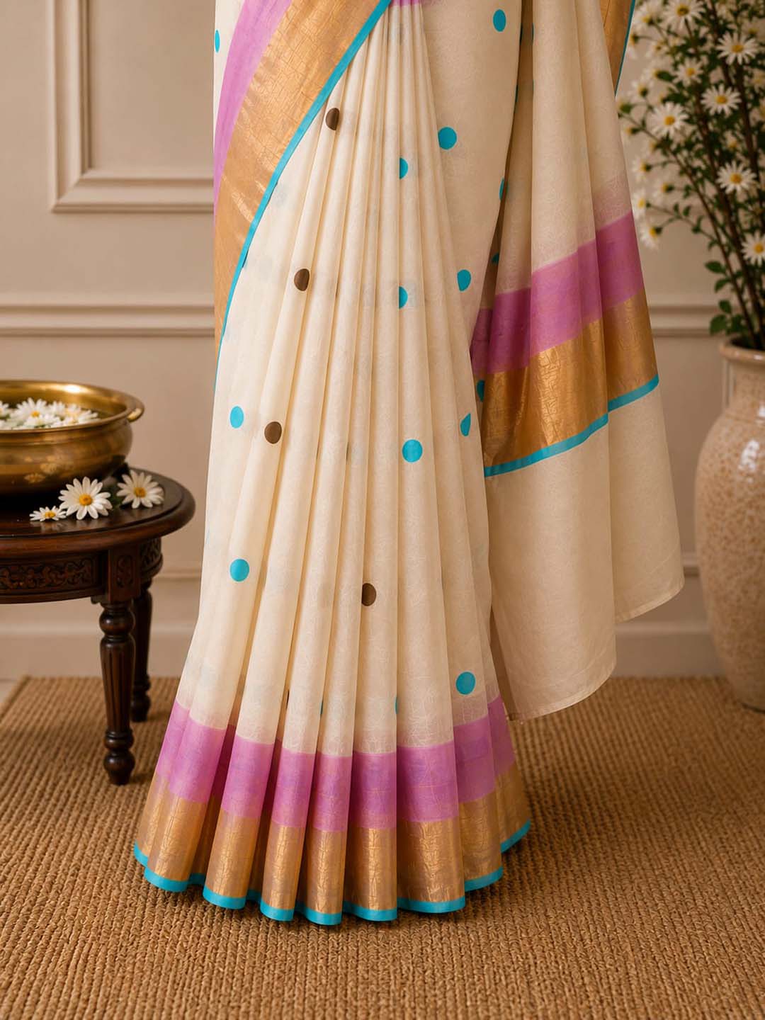 Polka Dot Kerala Cotton Saree with Pink & Blue Border