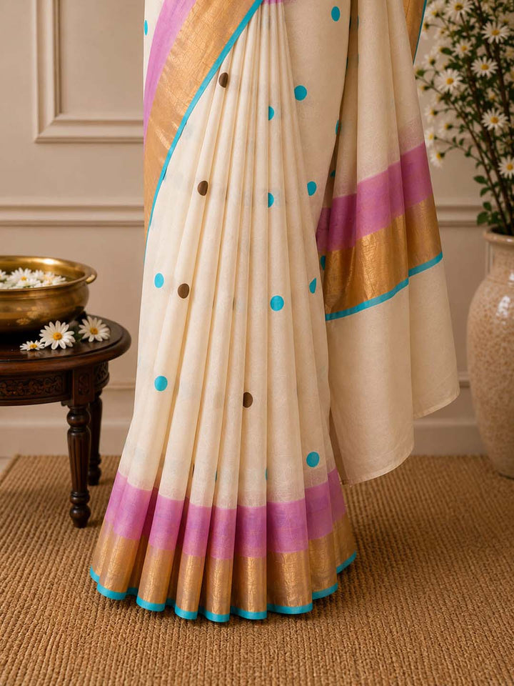 Polka Dot Kerala Cotton Saree with Pink & Blue Border