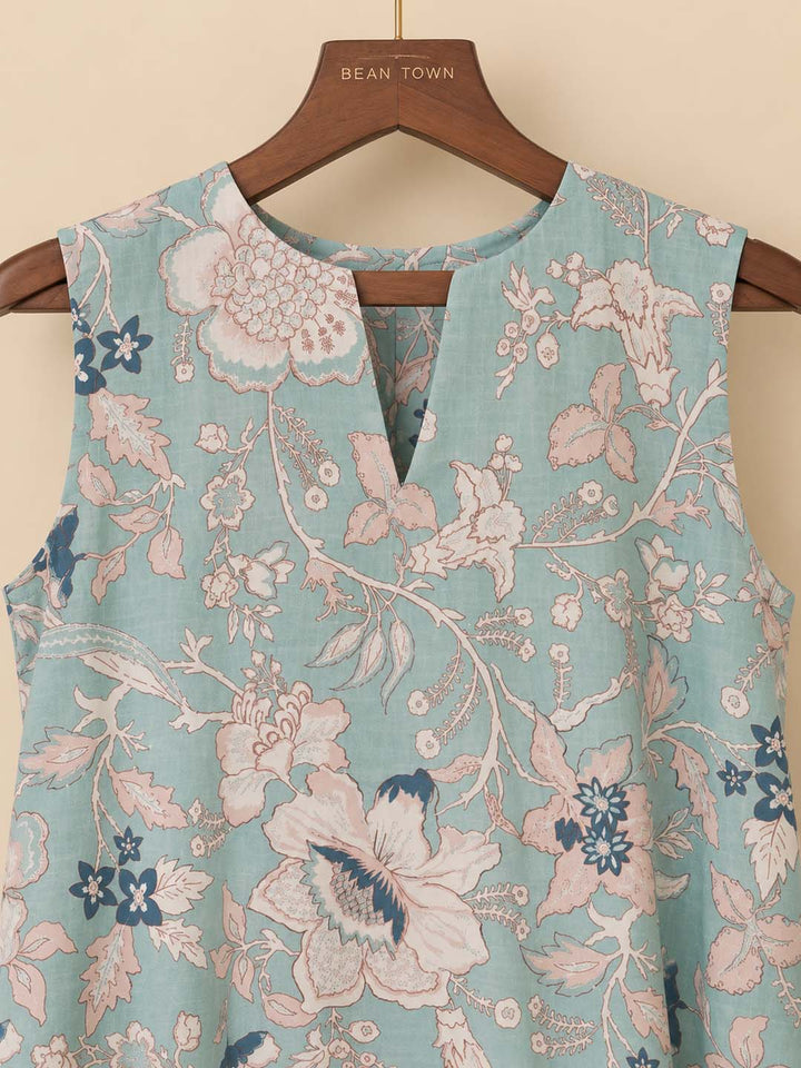 Ice Blue And Peach Floral Print Dress