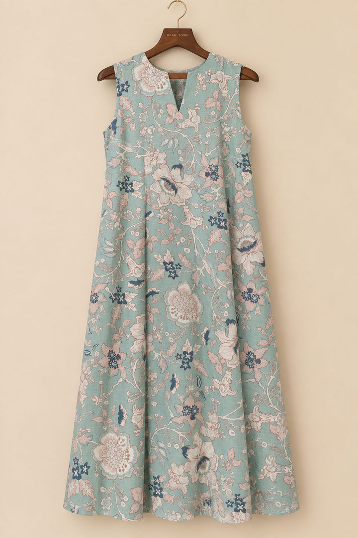 Ice Blue And Peach Floral Print Dress