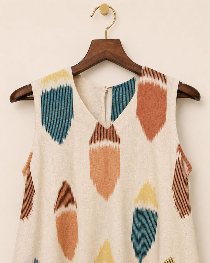 Beige Muslin With Ikat Print Dress