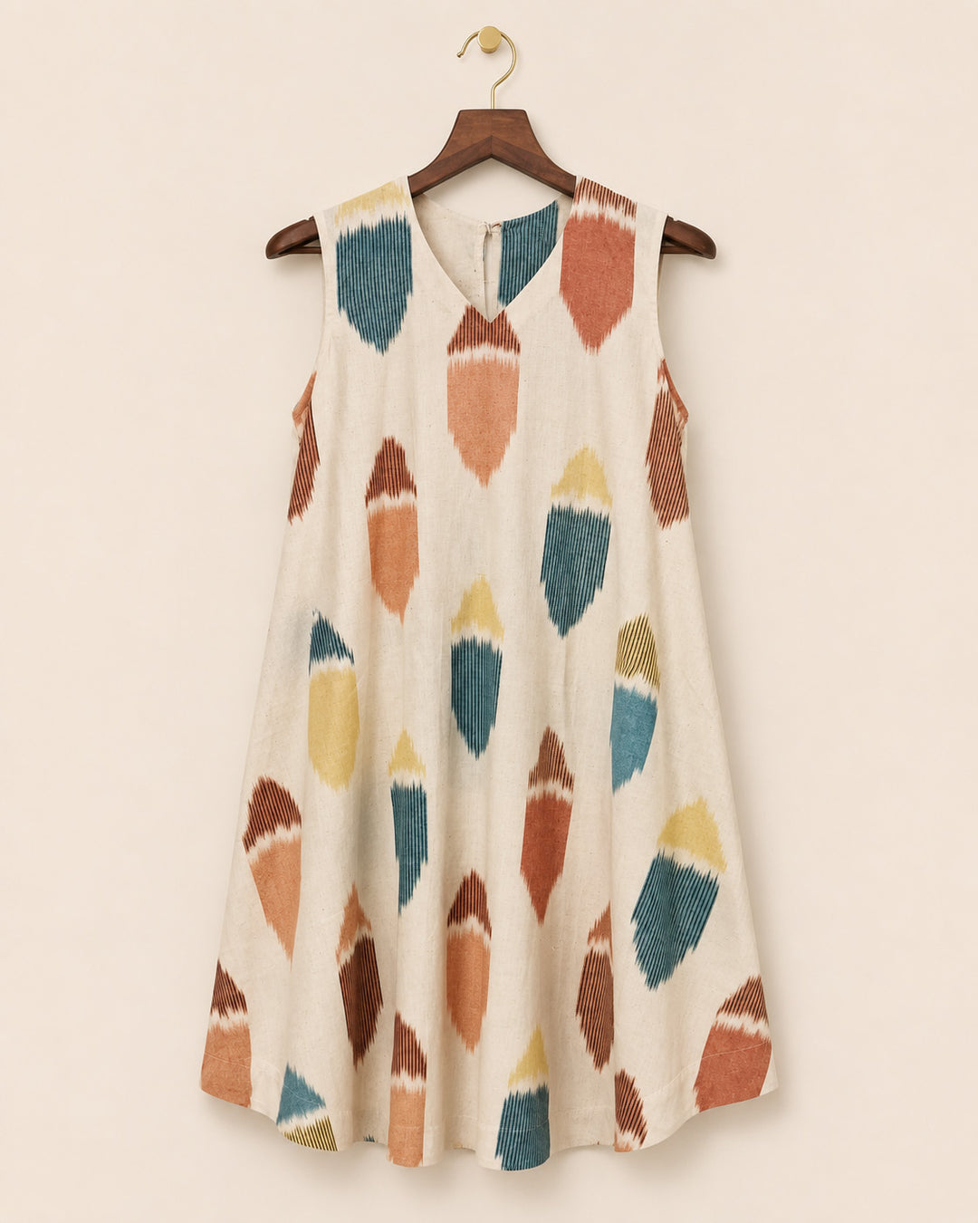 Beige Muslin With Ikat Print Dress