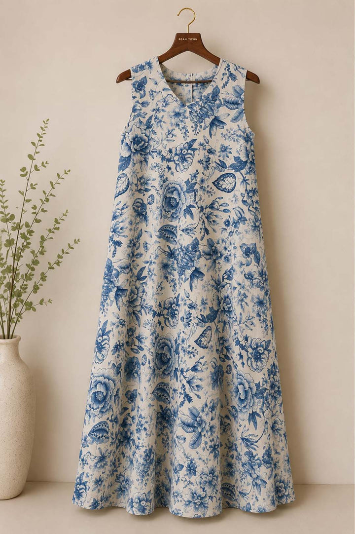 Beige &amp; Blue Muslin Dress With Floral Print