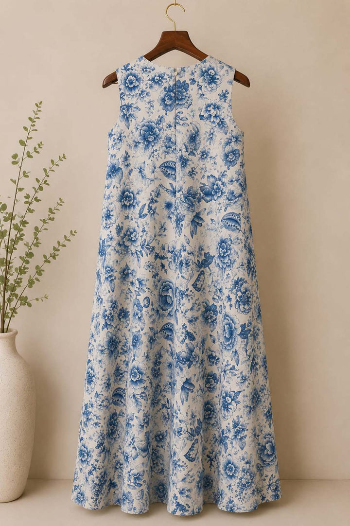 Beige &amp; Blue Muslin Dress With Floral Print